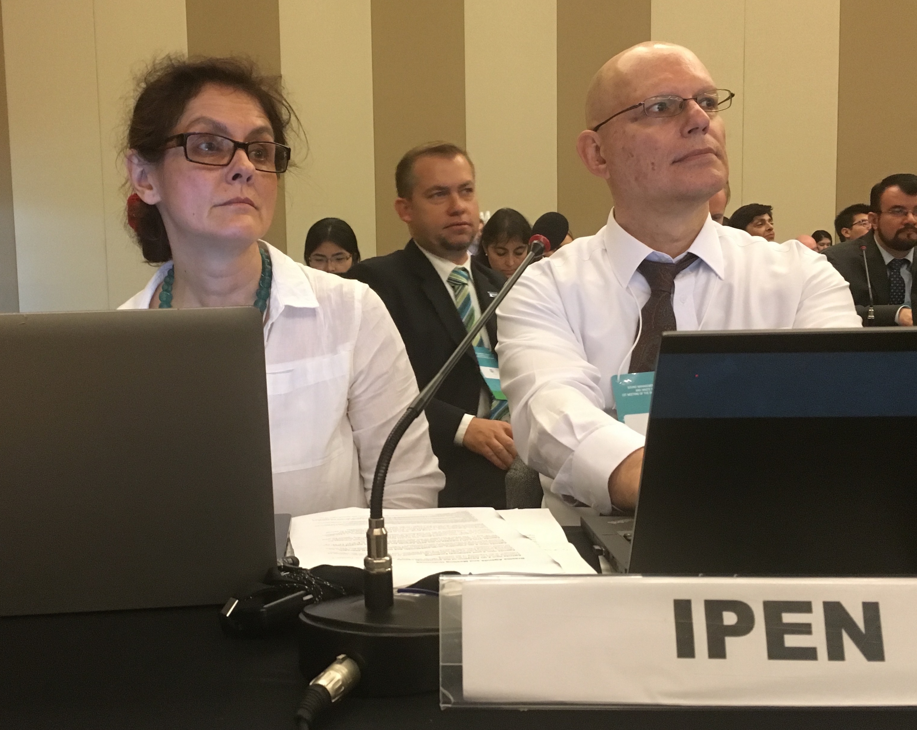 Olga Speranskaya, Bjorn Beeler and Joe DiGangi (IPEN) in the plenary room